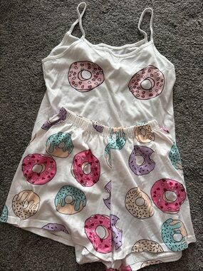 White Donut Print Pajama Set with Pink & Purple Accents